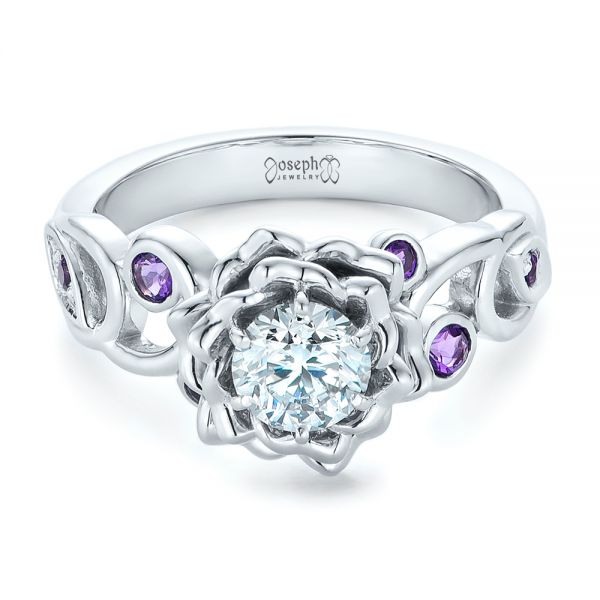  Platinum Platinum Custom Organic Flower Halo And Amethyst Engagement Ring - Flat View -  102279