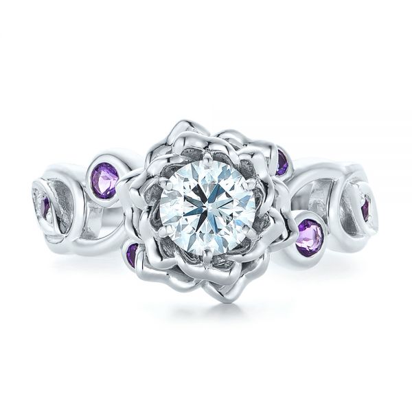 14k White Gold Custom Organic Flower Halo And Amethyst Engagement Ring - Top View -  102279