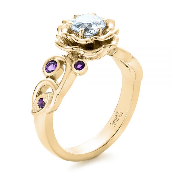 18k Yellow Gold 18k Yellow Gold Custom Organic Flower Halo And Amethyst Engagement Ring - Three-Quarter View -  102279