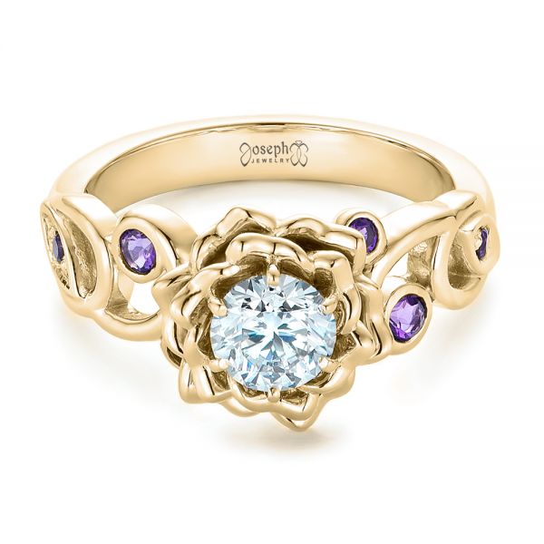 18k Yellow Gold 18k Yellow Gold Custom Organic Flower Halo And Amethyst Engagement Ring - Flat View -  102279