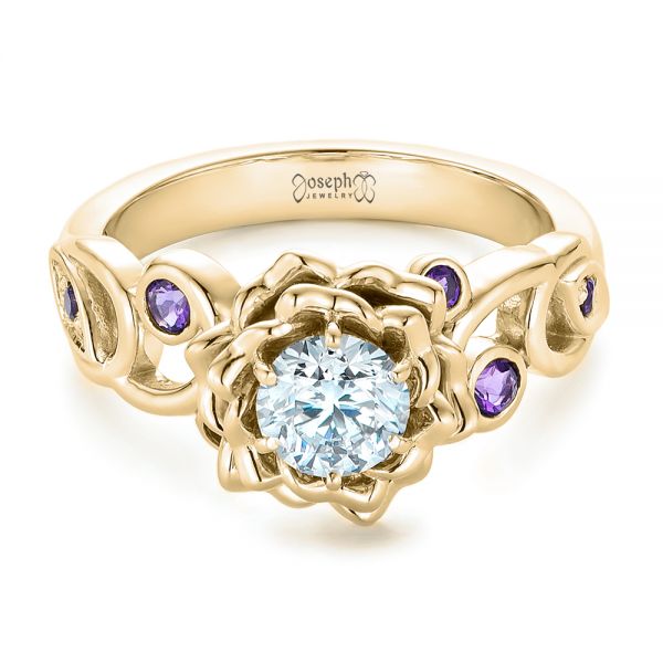 14k Yellow Gold 14k Yellow Gold Custom Organic Flower Halo And Amethyst Engagement Ring - Flat View - 102279