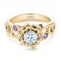 18k Yellow Gold 18k Yellow Gold Custom Organic Flower Halo And Amethyst Engagement Ring - Flat View -  102279 - Thumbnail