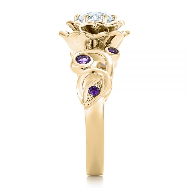 18k Yellow Gold 18k Yellow Gold Custom Organic Flower Halo And Amethyst Engagement Ring - Side View -  102279