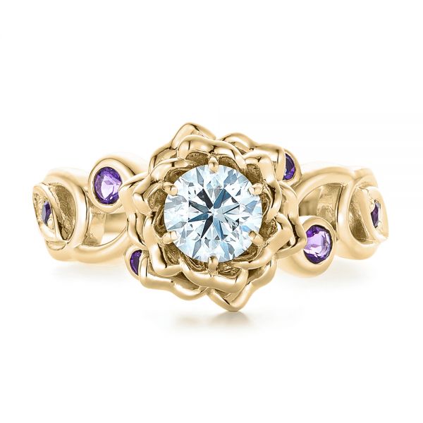 14k Yellow Gold 14k Yellow Gold Custom Organic Flower Halo And Amethyst Engagement Ring - Top View - 102279