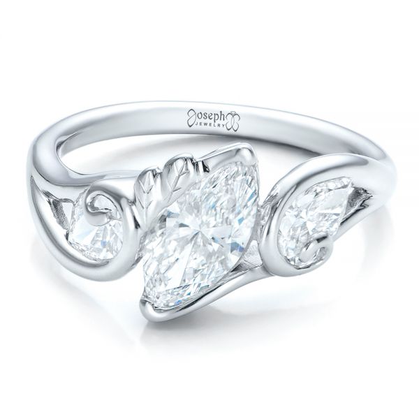 14k White Gold Custom Organic Marquise And Pear Diamond Engagement Ring - Flat View -  100873