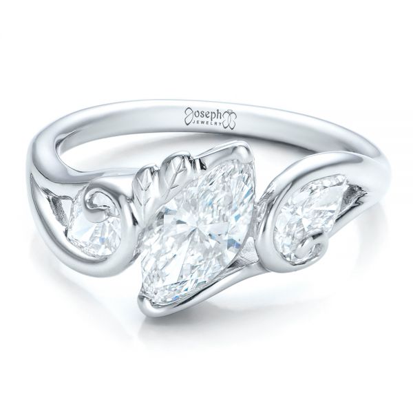 14k White Gold Custom Organic Marquise And Pear Diamond Engagement Ring - Flat View - 100873