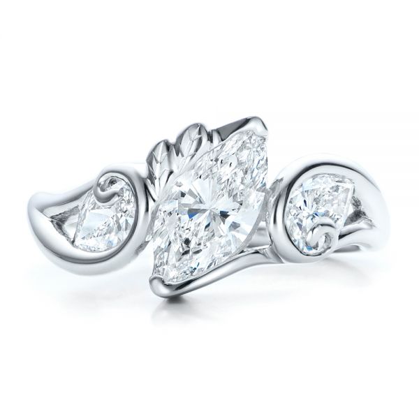 14k White Gold Custom Organic Marquise And Pear Diamond Engagement Ring - Top View - 100873