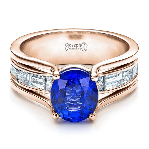 14k Rose Gold 14k Rose Gold Custom Oval Blue Sapphire Engagement Ring - Flat View -  100039