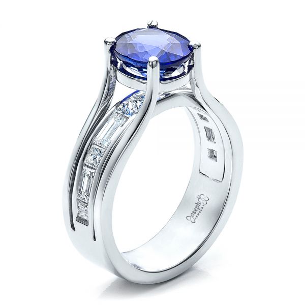Platinum Custom Oval Blue Sapphire Engagement Ring - Three-Quarter View - 100039