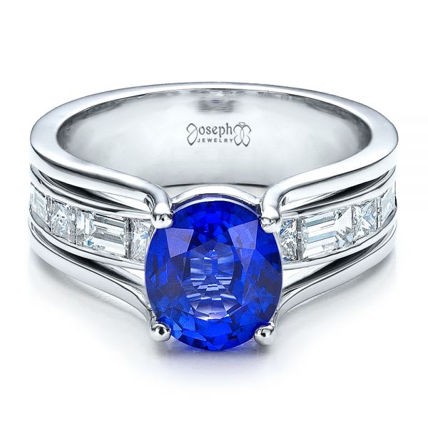 Platinum Custom Oval Blue Sapphire Engagement Ring - Flat View - 100039