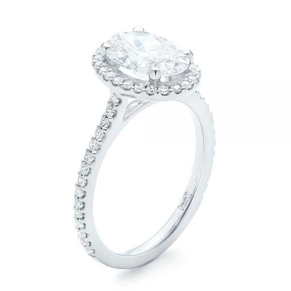  Platinum Custom Oval Diamond And Halo Engagement Ring - Three-Quarter View -  102607