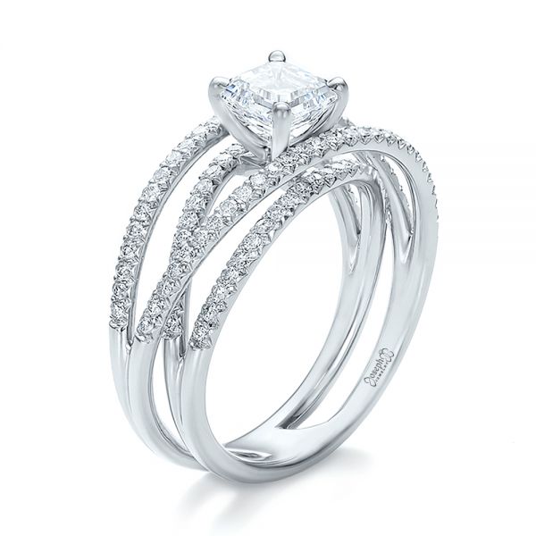 18k White Gold Custom Pave Diamond Multi-band Engagement Ring - Three-Quarter View -  100612