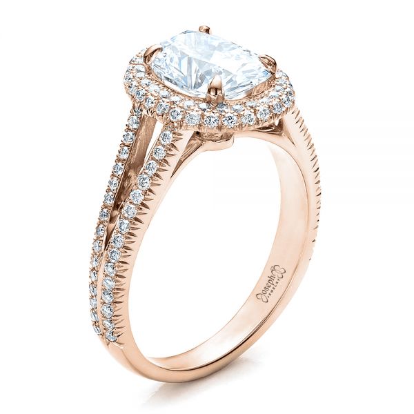 18k Rose Gold 18k Rose Gold Custom Pave Halo Engagement Ring - Three-Quarter View -  100009