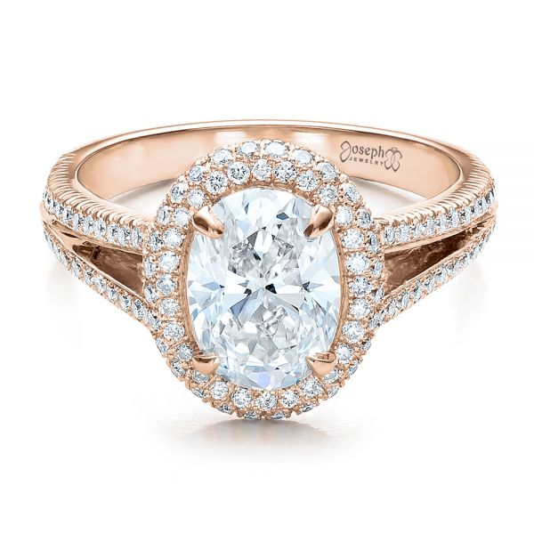 18k Rose Gold 18k Rose Gold Custom Pave Halo Engagement Ring - Flat View - 100009
