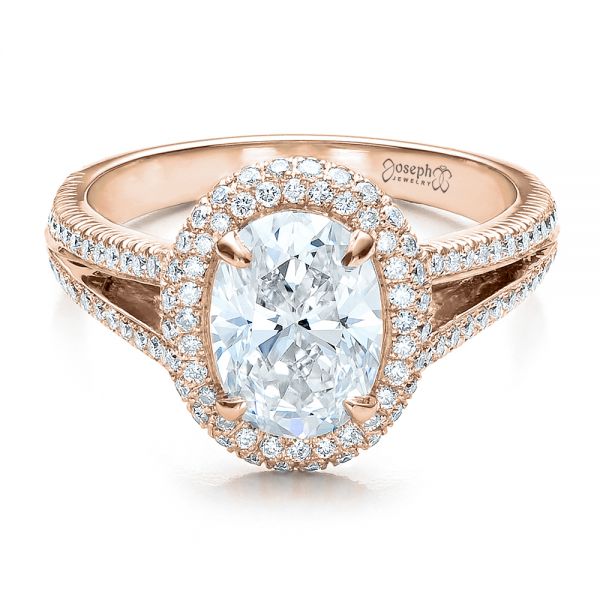 18k Rose Gold 18k Rose Gold Custom Pave Halo Engagement Ring - Flat View -  100009