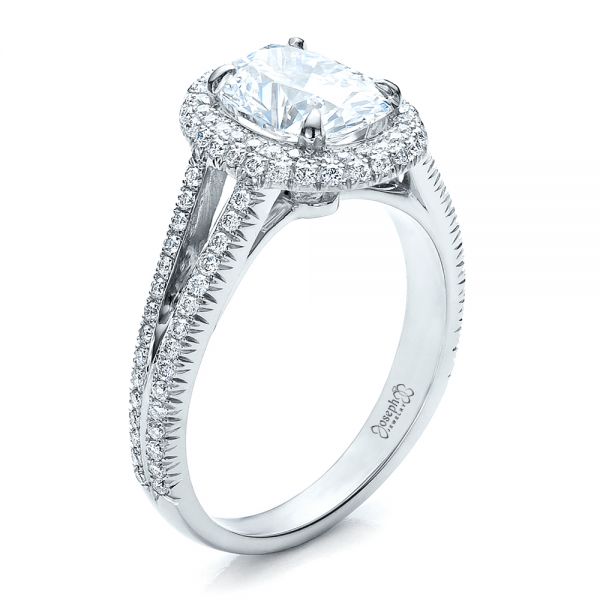 18k White Gold 18k White Gold Custom Pave Halo Engagement Ring - Three-Quarter View -  100009