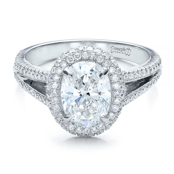  Platinum Custom Pave Halo Engagement Ring - Flat View -  100009