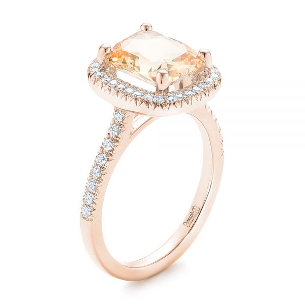 18k Rose Gold 18k Rose Gold Custom Peach Sapphire And Diamond Halo Engagement Ring - Three-Quarter View -  102448