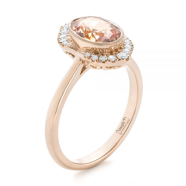 18k Rose Gold 18k Rose Gold Custom Peach Sapphire And Diamond Halo Engagement Ring - Three-Quarter View -  104261