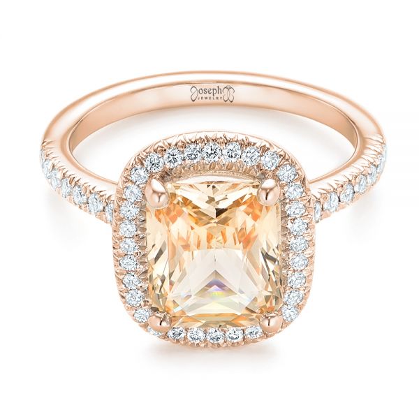 Rose Gold Peachy Pink Stone Cushion Cut Engagement Ring With Double Halo