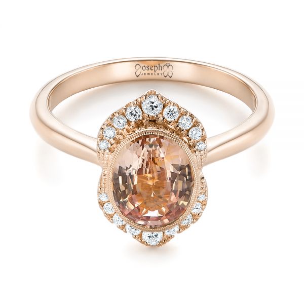 18k Rose Gold 18k Rose Gold Custom Peach Sapphire And Diamond Halo Engagement Ring - Flat View -  104261