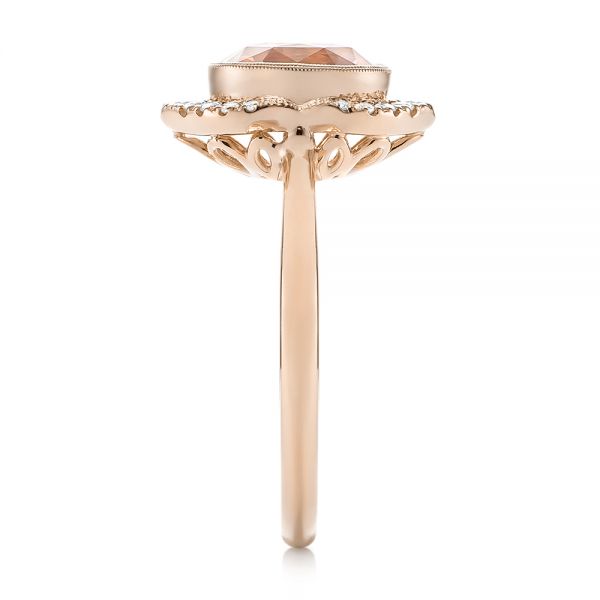 18k Rose Gold 18k Rose Gold Custom Peach Sapphire And Diamond Halo Engagement Ring - Side View - 104261
