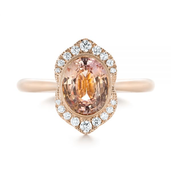 18k Rose Gold 18k Rose Gold Custom Peach Sapphire And Diamond Halo Engagement Ring - Top View -  104261