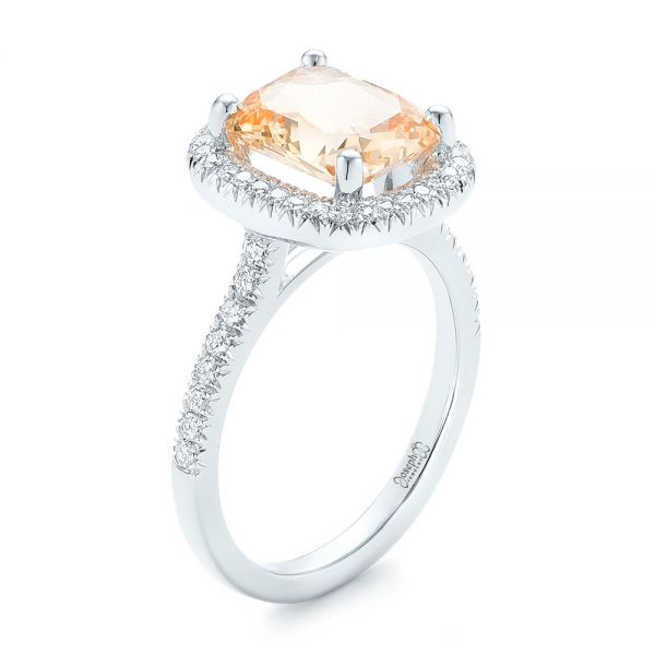  Platinum Platinum Custom Peach Sapphire And Diamond Halo Engagement Ring - Three-Quarter View -  102448