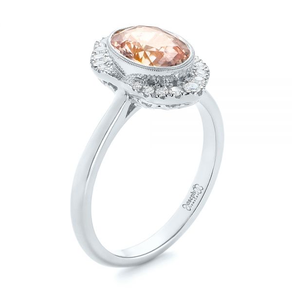 18k White Gold 18k White Gold Custom Peach Sapphire And Diamond Halo Engagement Ring - Three-Quarter View -  104261