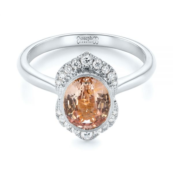 14k White Gold 14k White Gold Custom Peach Sapphire And Diamond Halo Engagement Ring - Flat View - 104261