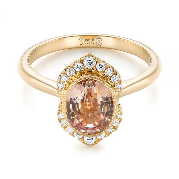 14k Yellow Gold Custom Peach Sapphire And Diamond Halo Engagement Ring - Flat View -  104261