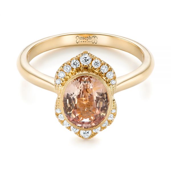 14k Yellow Gold Custom Peach Sapphire And Diamond Halo Engagement Ring - Flat View - 104261
