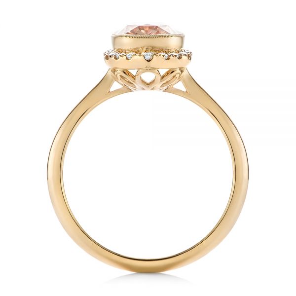 14k Yellow Gold Custom Peach Sapphire And Diamond Halo Engagement Ring - Front View -  104261