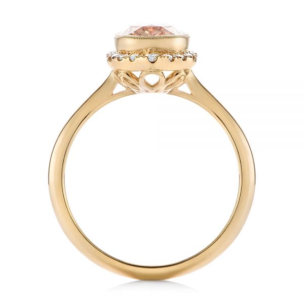 14k Yellow Gold Custom Peach Sapphire And Diamond Halo Engagement Ring - Front View - 104261