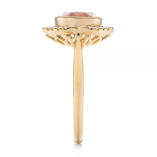 14k Yellow Gold Custom Peach Sapphire And Diamond Halo Engagement Ring - Side View - 104261
