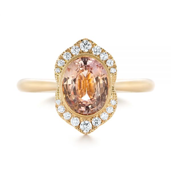 14k Yellow Gold Custom Peach Sapphire And Diamond Halo Engagement Ring - Top View - 104261