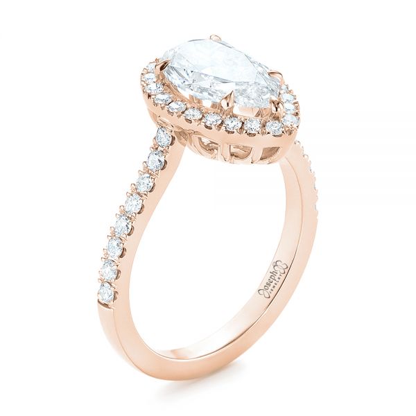 18k Rose Gold 18k Rose Gold Custom Pear Shaped Diamond Halo Engagement Ring - Three-Quarter View - 104780