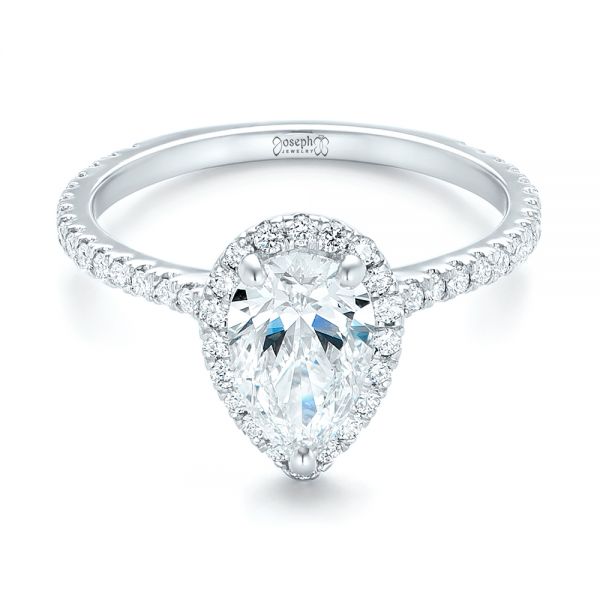 18k White Gold Custom Pear Shaped Diamond And Halo Engagement Ring - Flat View -  102743