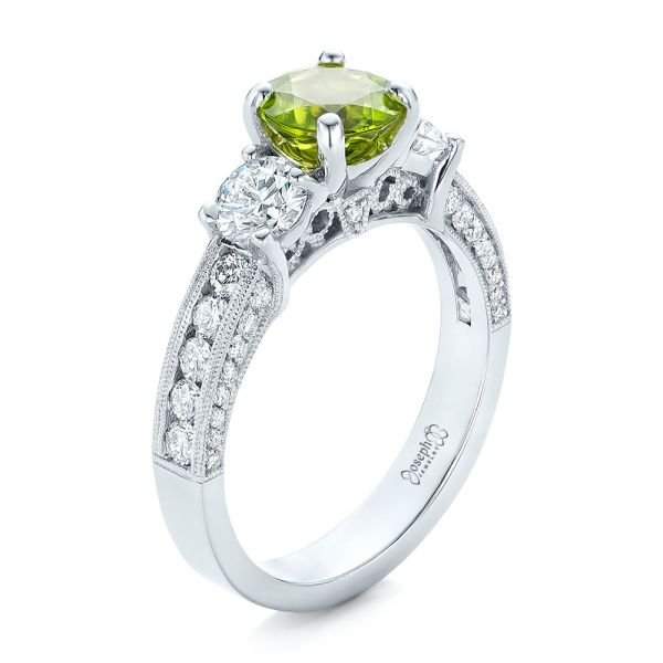 14k White Gold Custom Peridot And Diamond Engagement Ring - Three-Quarter View -  102118