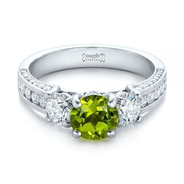 14k White Gold Custom Peridot And Diamond Engagement Ring - Flat View -  102118