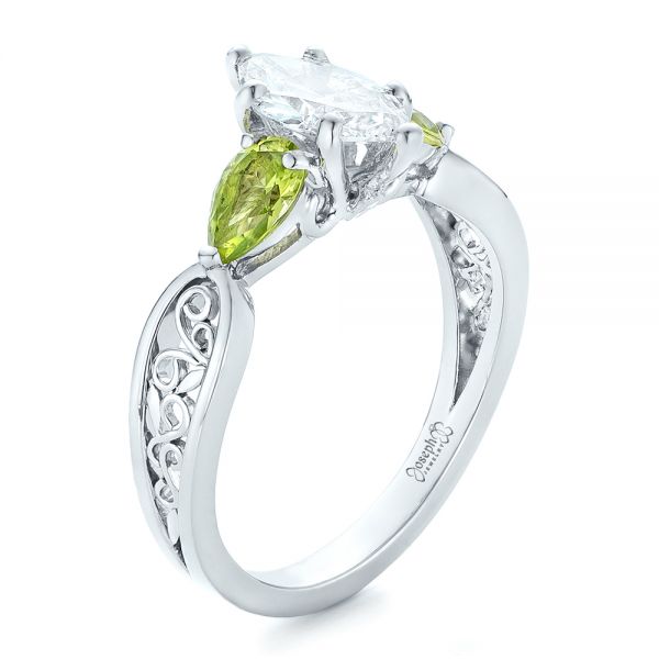  Platinum Custom Peridot And Marquise Diamond Engagement Ring - Three-Quarter View -  102290