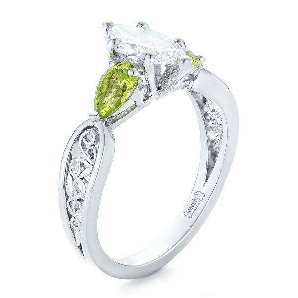 14k White Gold 14k White Gold Custom Peridot And Marquise Diamond Engagement Ring - Three-Quarter View -  102290