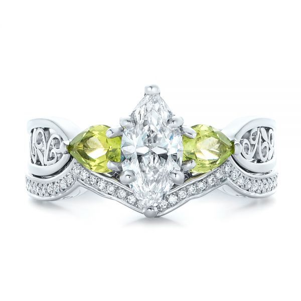  Platinum Custom Peridot And Marquise Diamond Engagement Ring - Three-Quarter View -  102290