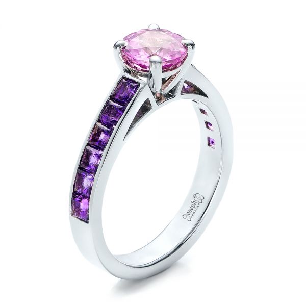 14k White Gold 14k White Gold Custom Pink Sapphire And Amethyst Engagement Ring - Three-Quarter View -  101214