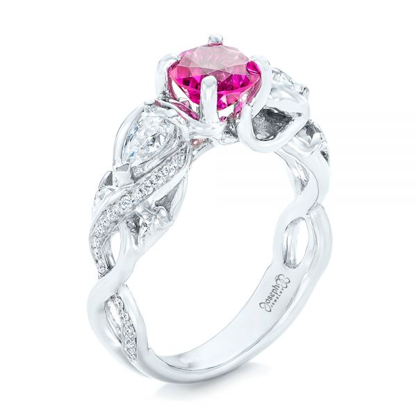 14k White Gold Custom Pink Sapphire And Diamond Engagement Ring - Three-Quarter View -  102547