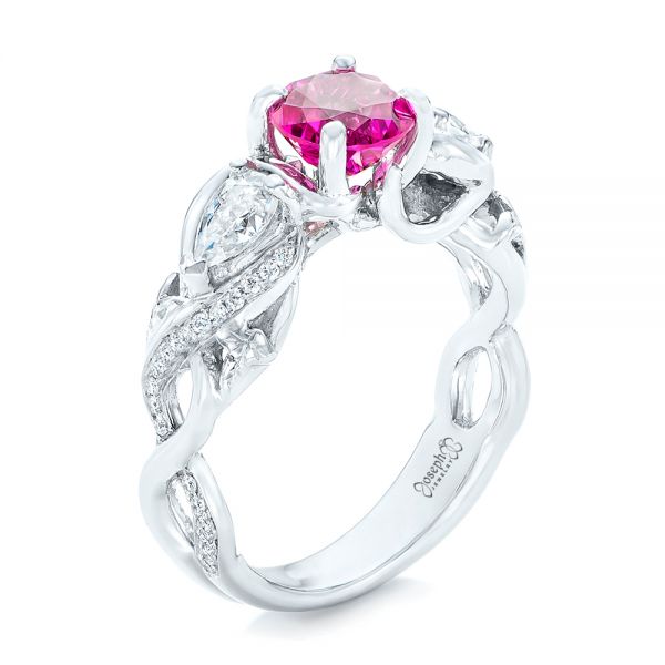 14k White Gold Custom Pink Sapphire And Diamond Engagement Ring - Three-Quarter View - 102547
