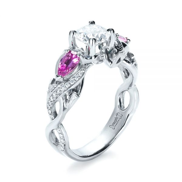 18k White Gold Custom Pink Sapphire And Diamond Engagement Ring - Three-Quarter View -  1431