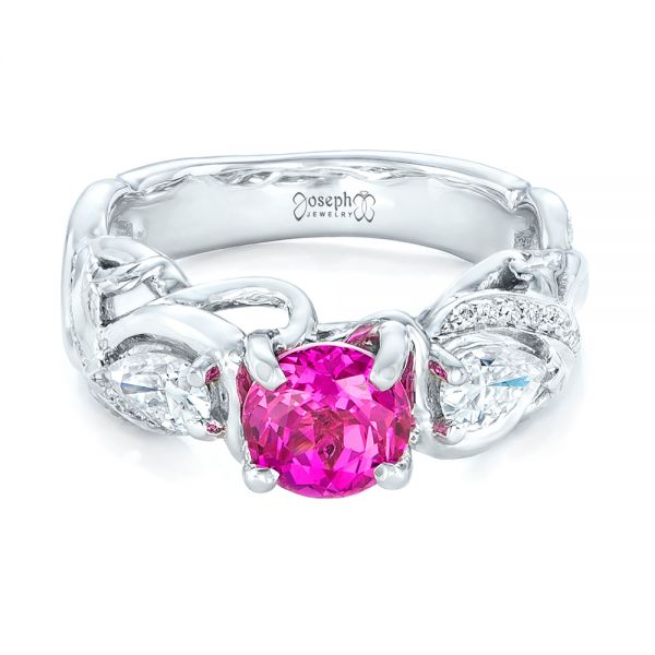 14k White Gold Custom Pink Sapphire And Diamond Engagement Ring - Flat View - 102547