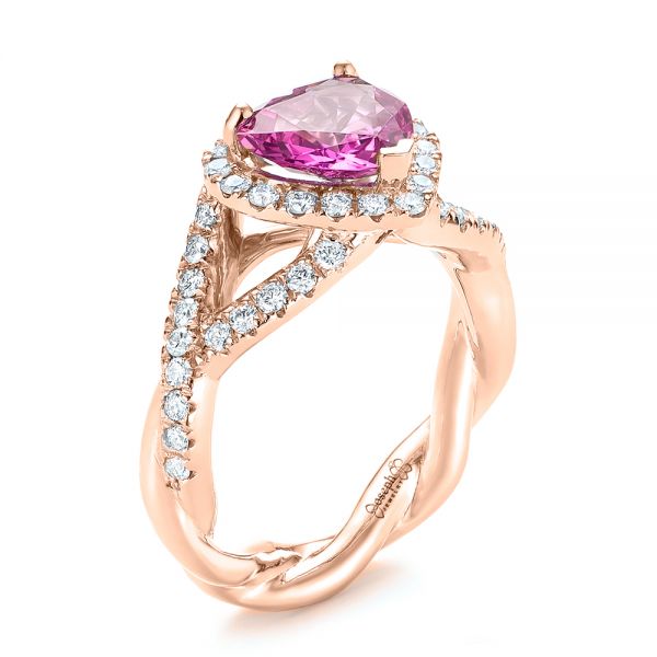 18k Rose Gold 18k Rose Gold Custom Pink Sapphire And Diamond Halo Engagement Ring - Three-Quarter View -  103621