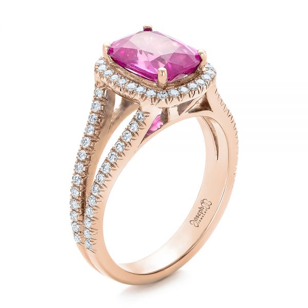 Natural Pink Sapphire and Diamond Halo Three Stone Ring, 14k Rose Gold